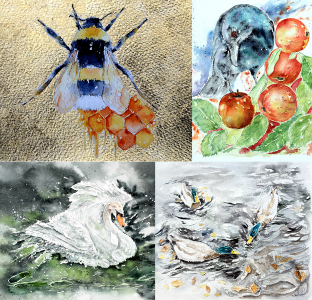 Watercolour birds and bumble bees