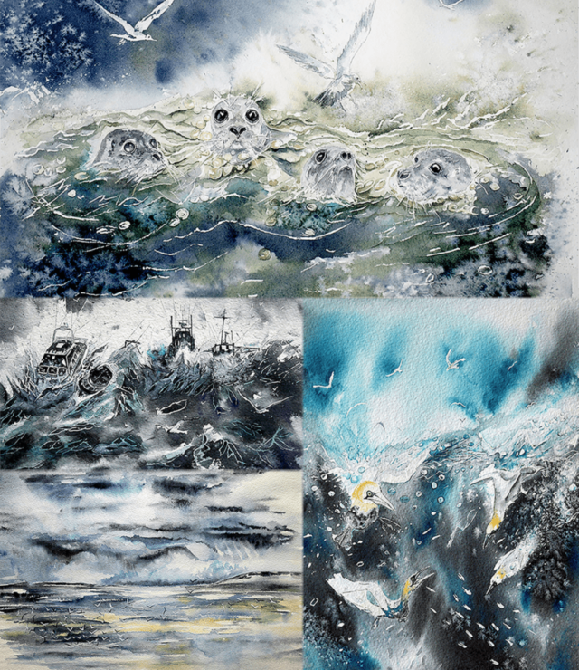 Atmospheric ,Dark, Moody Seascapes, Storm, Stormy, Boats, Seagulls, Gannets, Seals, Calm, Turbulent, Diving, Waves,