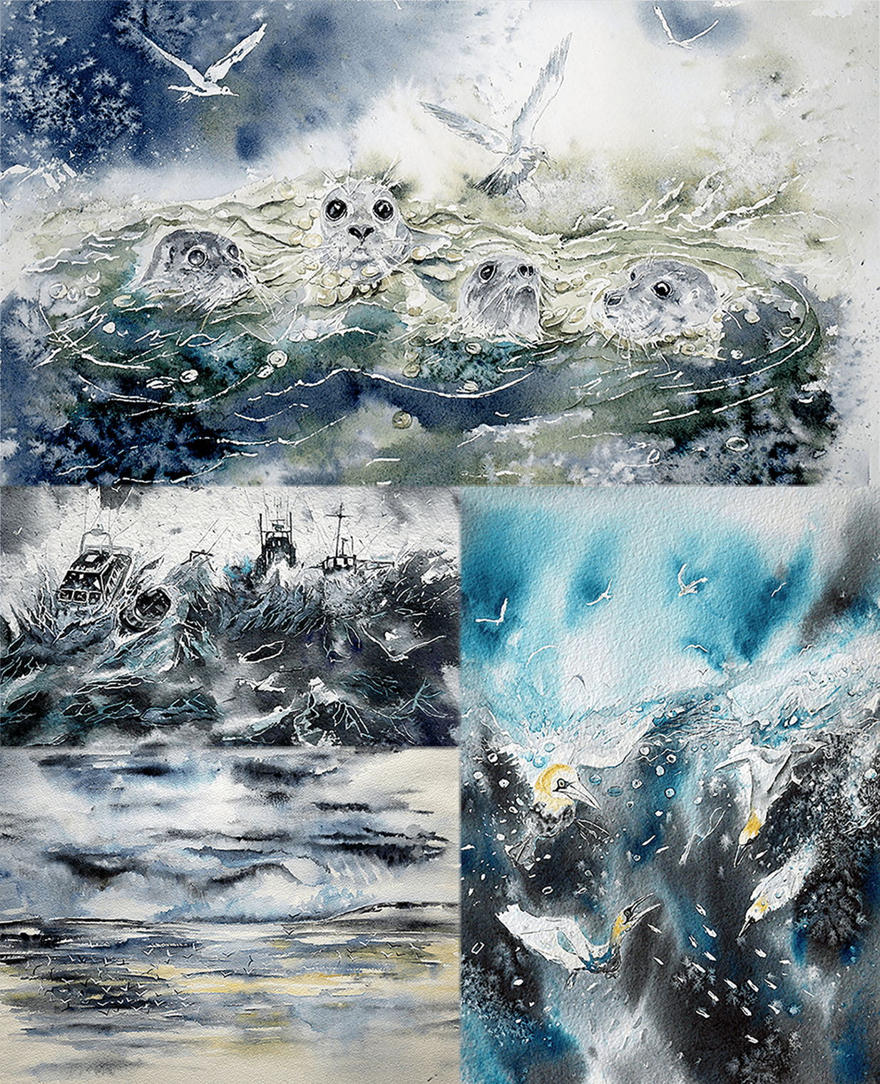 Atmospheric ,Dark, Moody Seascapes, Storm, Stormy, Boats, Seagulls, Gannets, Seals, Calm, Turbulent, Diving, Waves,